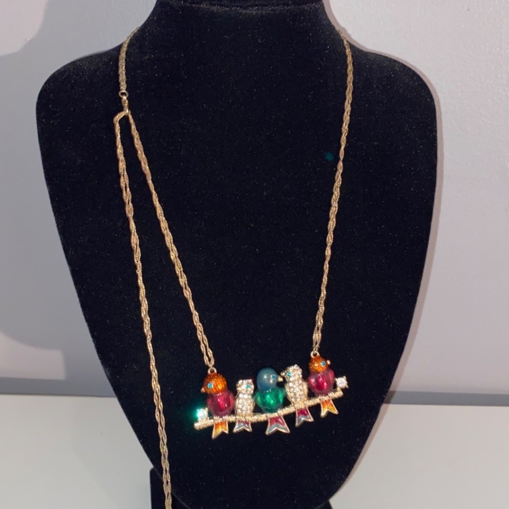 A & ANGEL Rhinestone Green Purple Birds on a Branch Statement Necklace Jewelry